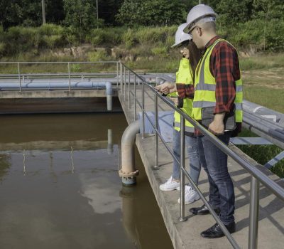 Environmental engineers work at wastewater treatment plants,Water supply engineering working at Water recycling plant for reuse,Technicians and engineers discuss work together.